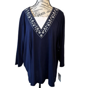C.D. Daniel’s Women’s Pullover Top 3/4 Sleeve Size 2X Blue & White New With Tags